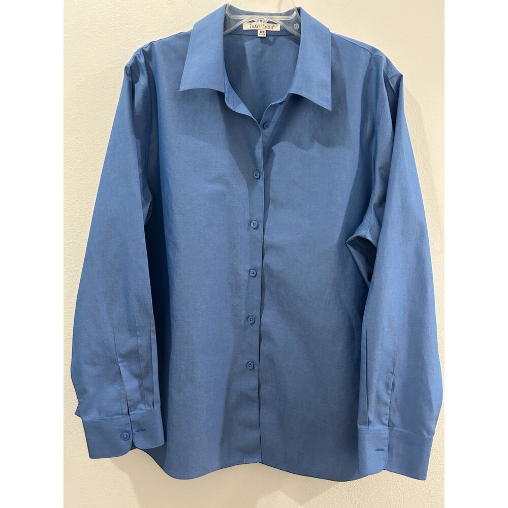 Travelsmith Womens Plus 20W Blue Shirt Button Up Long Sleeve Wrinkle Resistant